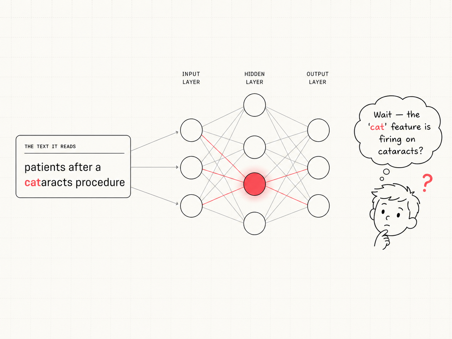 The sentence "patients after a cataracts procedure" feeds into a small neural network. One hidden neuron lights up red, and a puzzled cartoon head beside it asks why the "cat" feature is firing on a word about eye surgery.