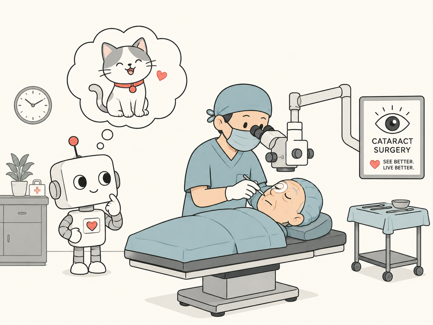 A cartoon robot watches a doctor operate on a patient's eye on an operating table, while a thought bubble above the robot's head shows a cat — it is thinking about a cat during a cataracts procedure.